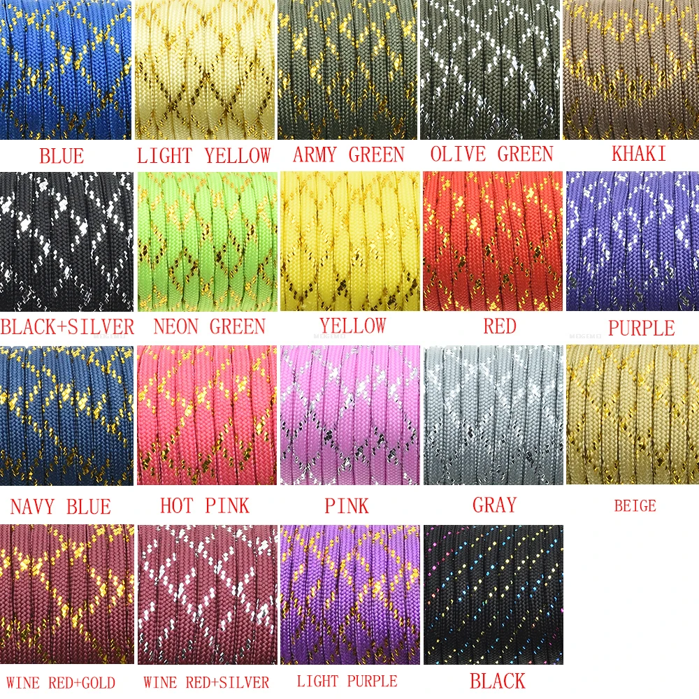 1pcs New Gold Silver Cord 550 Paracord Parachute Cord Lanyard Mil Spec Type III 7 Strand Core 100 FT 19 Colors