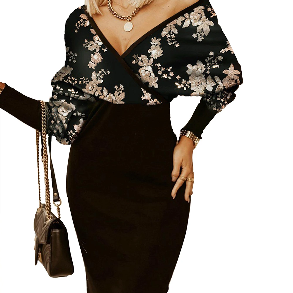 

Fashion Women Long Sleeve Midi Dress Elegant Lady Bodycon Dresses Printing Sexy V-Neck High Waist Vestidos Female Bag Hip Dress