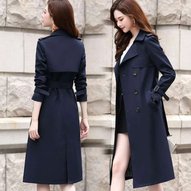 

FTLZZ New Autumn Winter Women Turn-down Collar Double Breasted Trench Office Lady Solid Long Trench with Belt