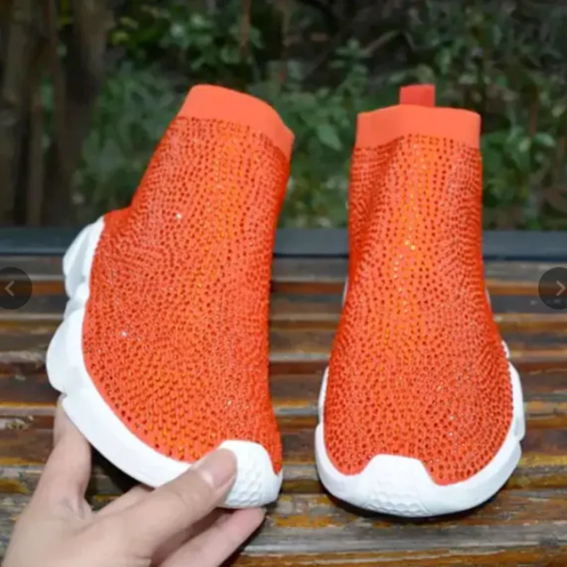 

2021 New Flying Woven Casual Single Shoes Round Toe Rhinestone Bright Color Lazy One-step High-top Shoes Large Size