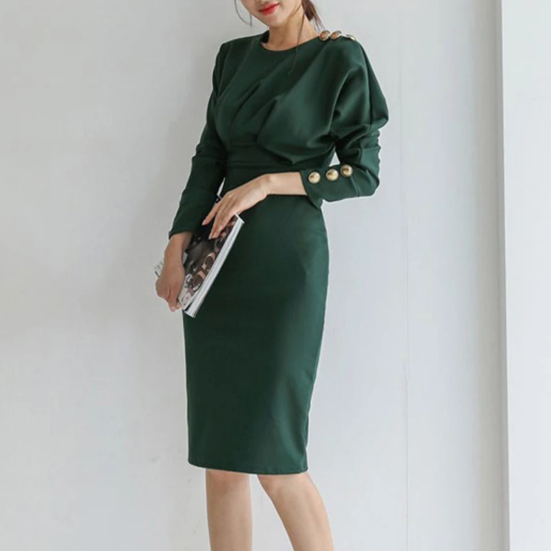 Новинка 2020 однотонное тонкое женское платье с металлическими пуговицами