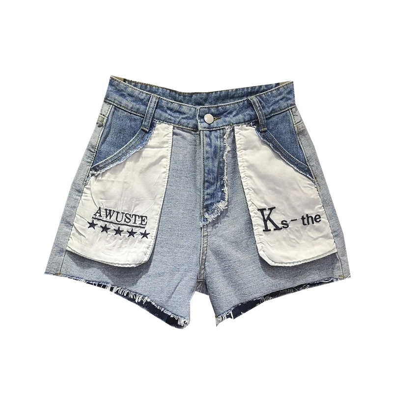 

2021 New Blue Jean Shorts Trouser White Pockets Eversion Patched Fashion Girls Letters Embroidery Hot Pants Women Jeans Mujer