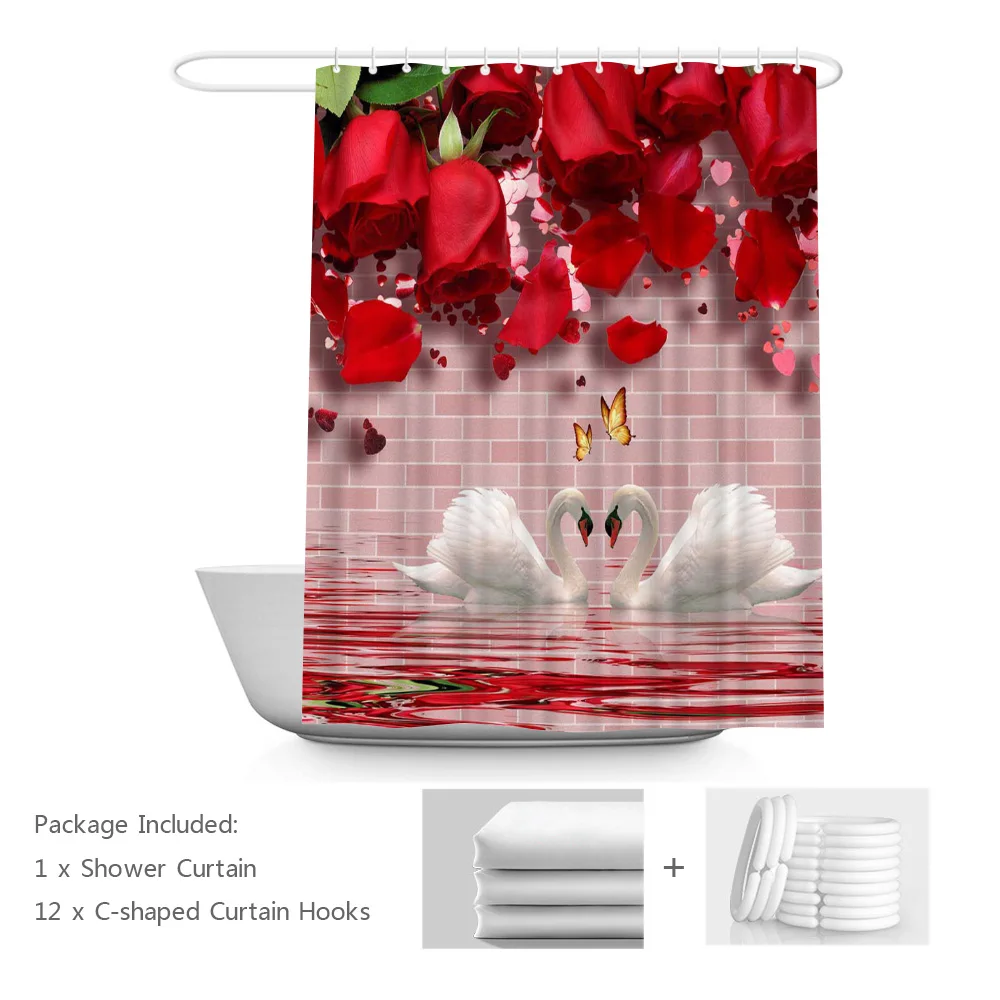 

Red Rose Shower Curtain White Swan on Lake Animal Bath Curtains Romantic Lover Flower Butterfly Home Decor