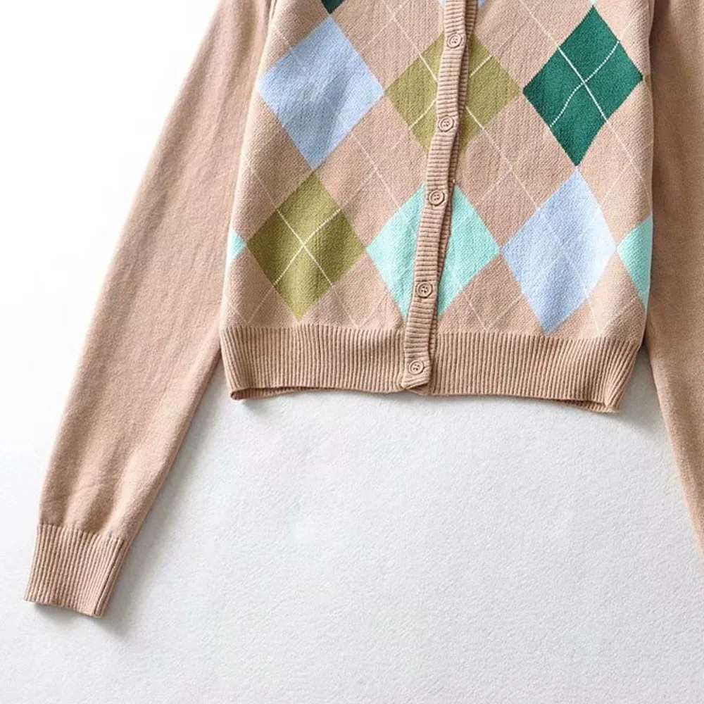 

2021 Korean style V-neck short knitted sweater women's plaid fashion long sleeve top women's knitted cardigan