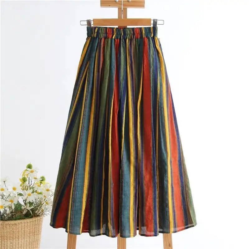

Cotton Striped Skirt 2022 Women Summer New Style Korean A-line Mid-length Skirt Casual Print Skirt Floral