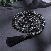 8mm black fire onyx 108 japamala beaded knotted necklace meditation yoga blessing spirit jewelry set women tassel lotus pendant