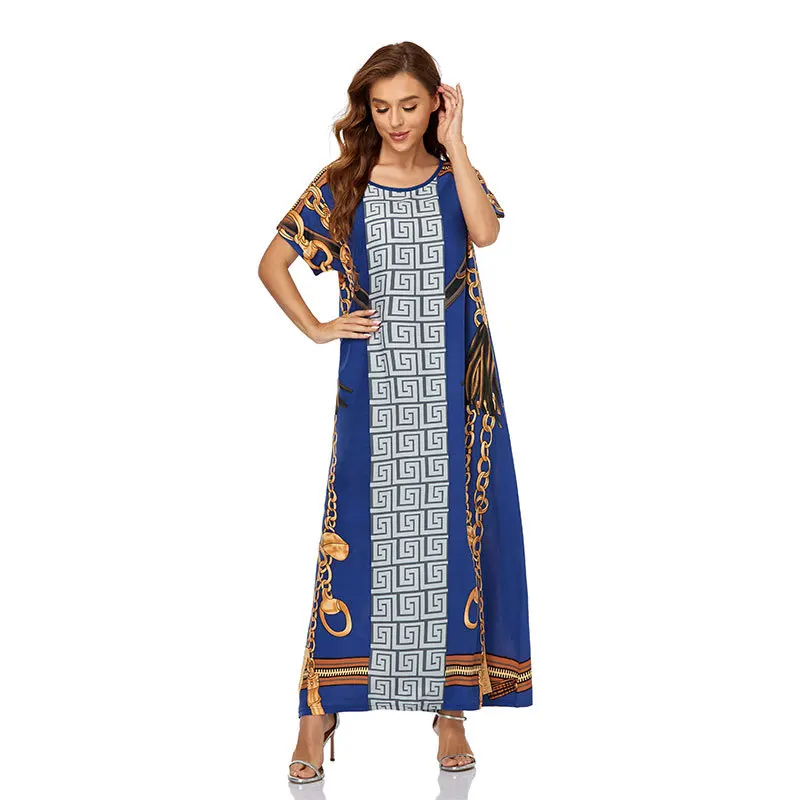 

Summer Women Muslim Robe Long Maxi Dress Loose Short Sleeve Chain Character Hui Pattern Print Female Middle East Dubai Dress