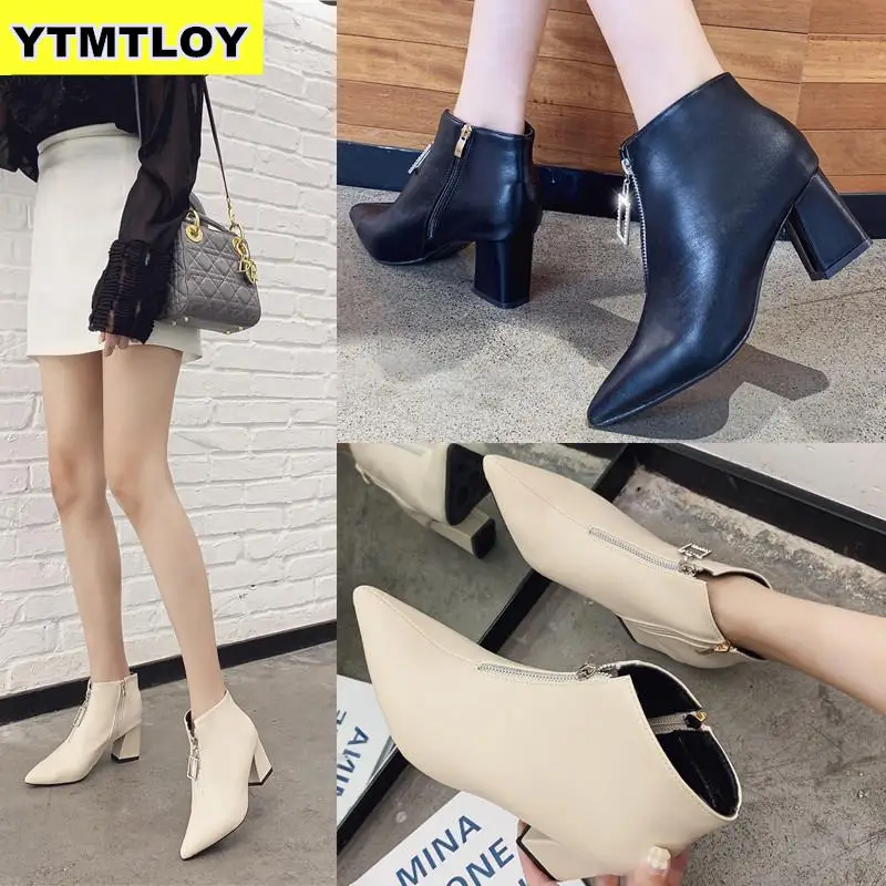 Brand Zipper Boots Woman Front Big Open Botas Mid-Calf Botines Winter Thick High Heels Patent Leather Martin Booties