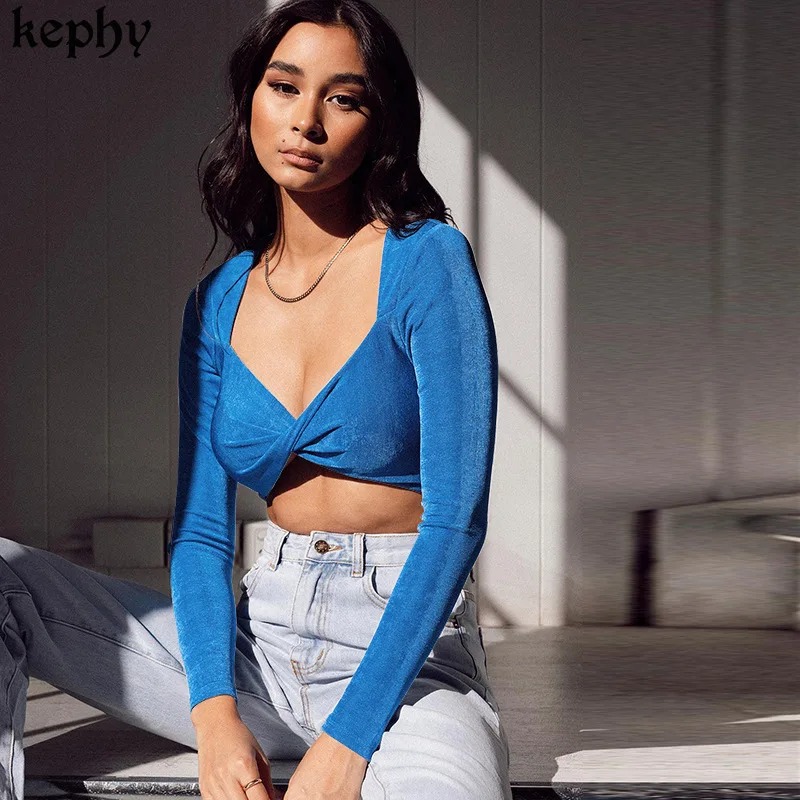 Женский летний сексуальный однотонный топ с V-образным вырезом и длинным рукавом