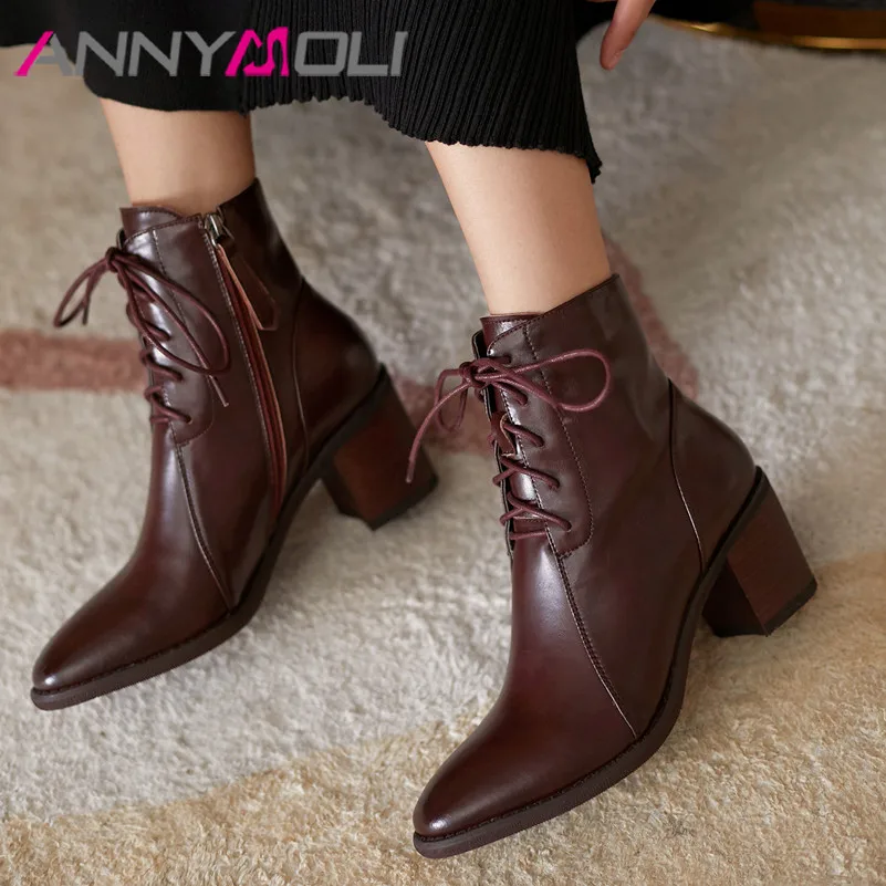 

ANNYMOLI Natural Genuine Leather High Heel Women Boots Round Toe Lace Up Short Boots Zip Chunky Heels Ankle Boots Lady Shoes 42