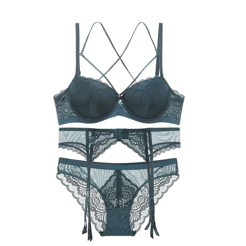 Blackish green Sexy Lace Bra+ Panties+ Garters Set Underwear Push Up Bra Thick Padded Backless Bandage Bra A B C D Cup Women Lingerie - Цвет: Blackish green