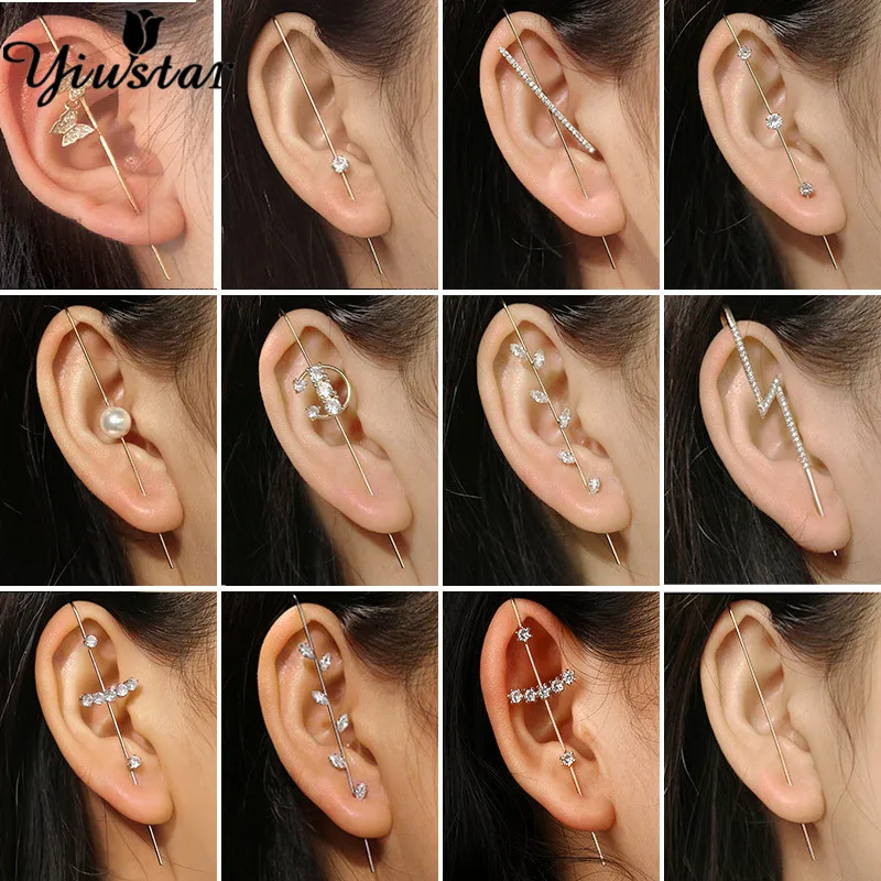 

Yiustar 2021 Trendy Long Needle Piercing Earrings for Women Surround Auricle Diagonal Stud Copper Inlaid Zircon Crystal Earrings