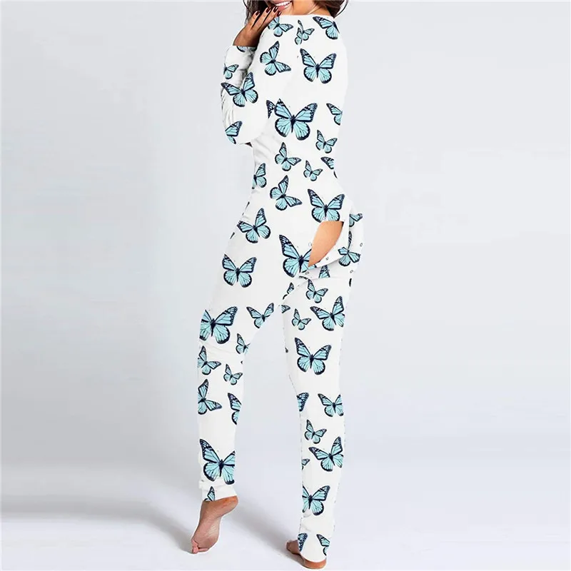 

Sexy Butterfly Print Bodycon Jumpsuit Long Sleeve Butt Flap Romper Women Sleepwear One Piece Nightwear Club Outfits