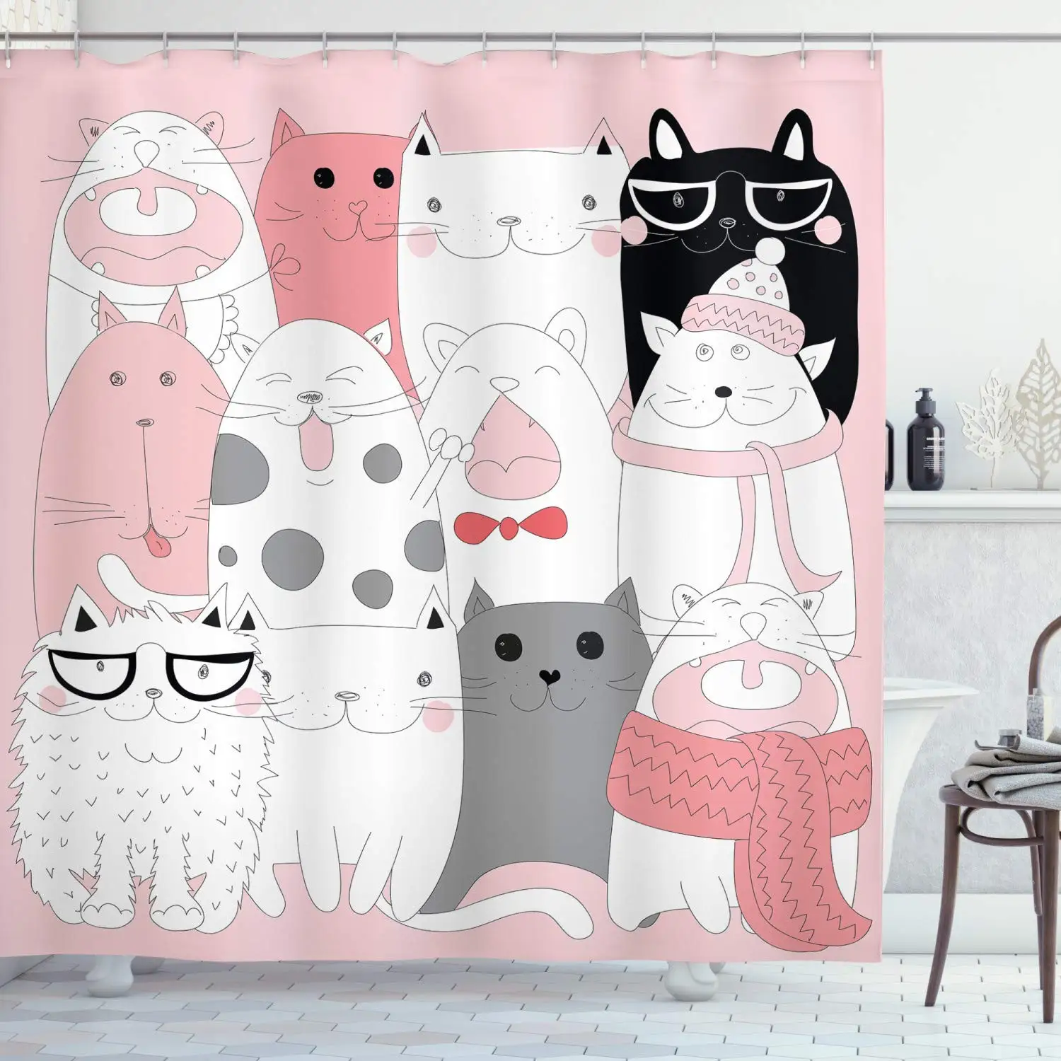 

Cartoon Kittens Funny Smiling Glasses Scarfs Doodle Humorous Design Fabric Bathroom Decor Set