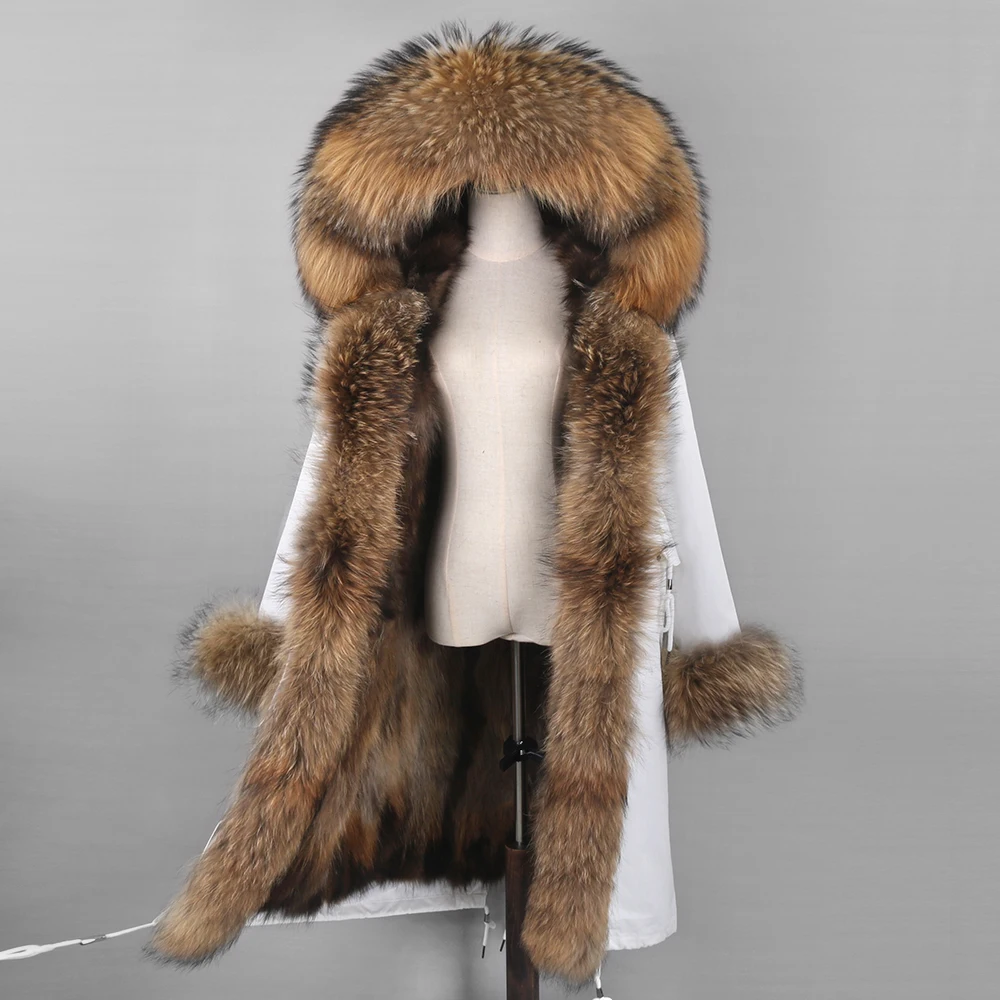 Women Real Fur Coat Winter X-long Jacket White Color Waterproof Fabric Windbreaker Big Fur Collar Removable Outerwear Brand