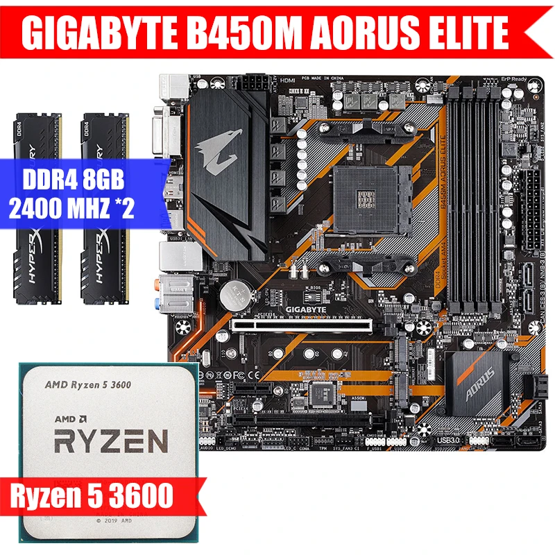 

GIGABYTE B450M AORUS ELITE & AMD CPU Ryzen 5 3600 & Kingston DDR4 8GB*2 Combination Kit M.2 USB3.0 Socket AM4 M-ATX/5900x/3700X