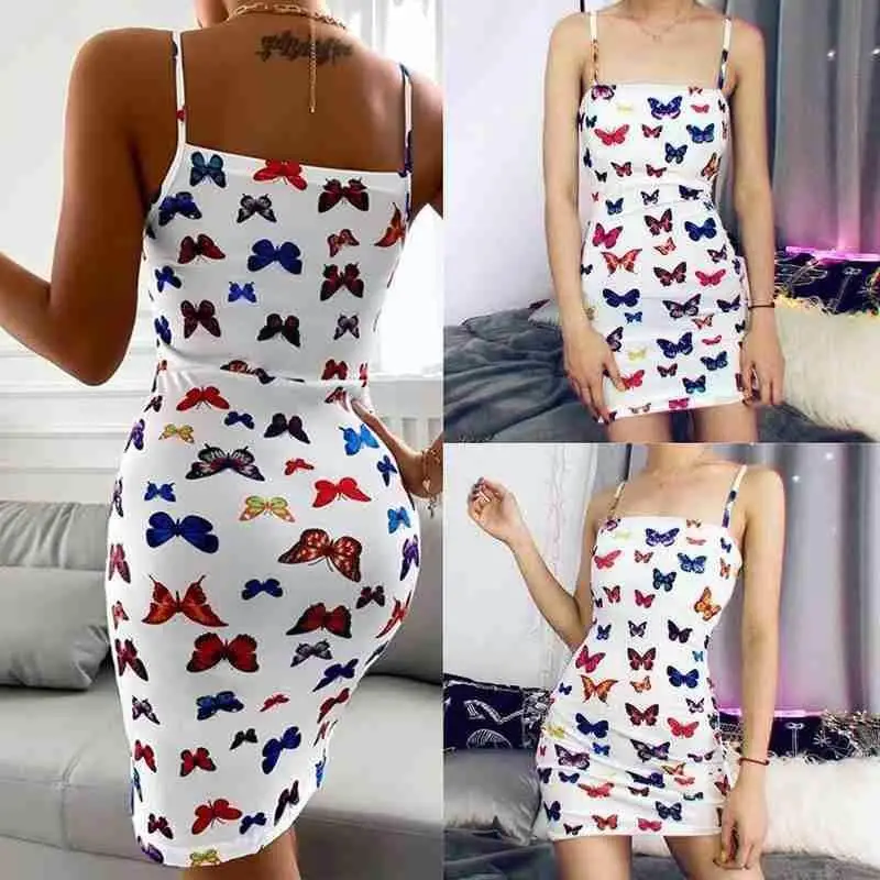 

Butterfly Print Sexy Bodycon Mini Dress Vestidos Women Strap Spaghetti Club Party Night Dresses Summer Elegant Clothes A9V2