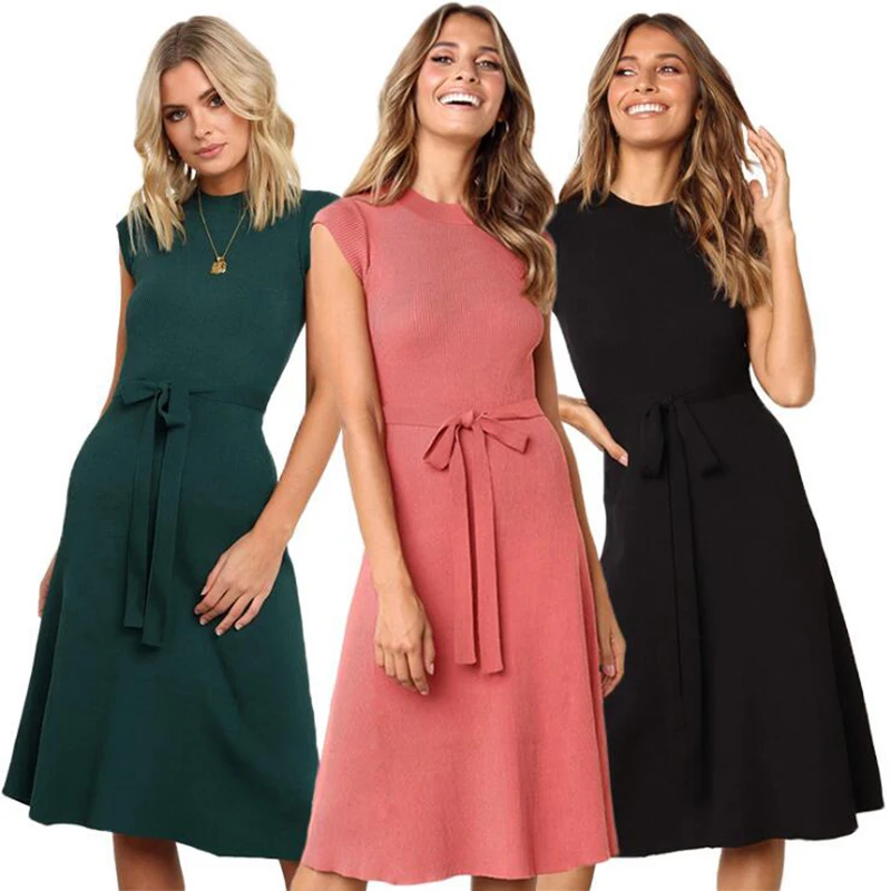 Женское трикотажное платье миди с поясом и бантом|Женские платья| |