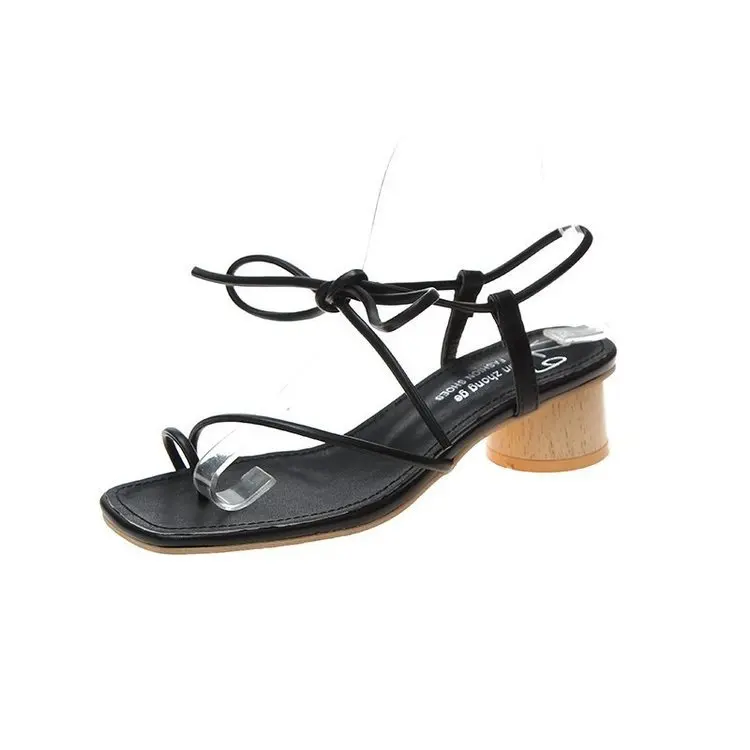 

Roman lace up sandals women's summer 2021 new Korean fairy style thick heel middle heel clip toe sandals women