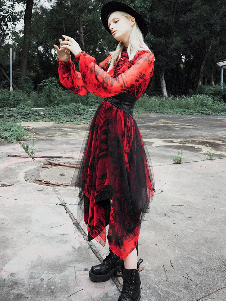 Панк Rave Женская готика Высокая шея шнуровка с длинными рукавами нерегулярные