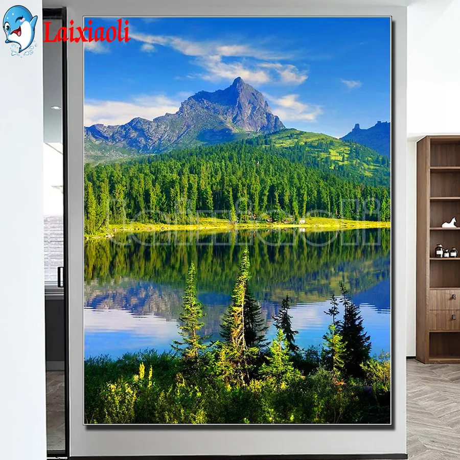 

Laixiaoli Diamond Painting green forest tree lake view Full Square Diamond Embroidery Sale Rhinestones Picture Kits Home Decor
