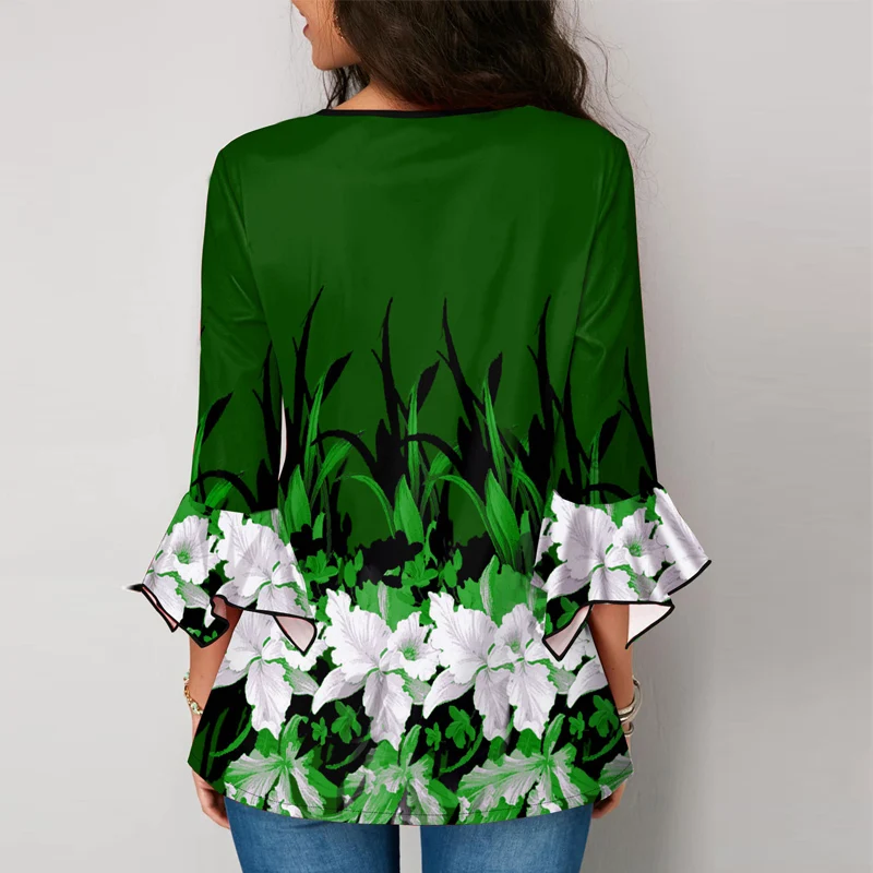 

Fashion Open O-Neck Button Pullover Tops Autumn Elegant 3/4 Ruffle Sleeve Tee Shirt Women Harajuku Floral Printed T-Shirts Mujer