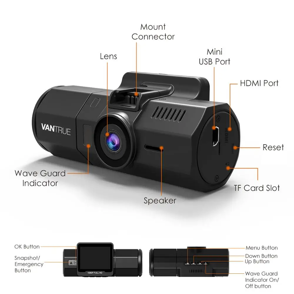 Vantrue T2 Dash Cam гибкий кабель HDR 1080P супер конденсатор с алюминиевой крышкой