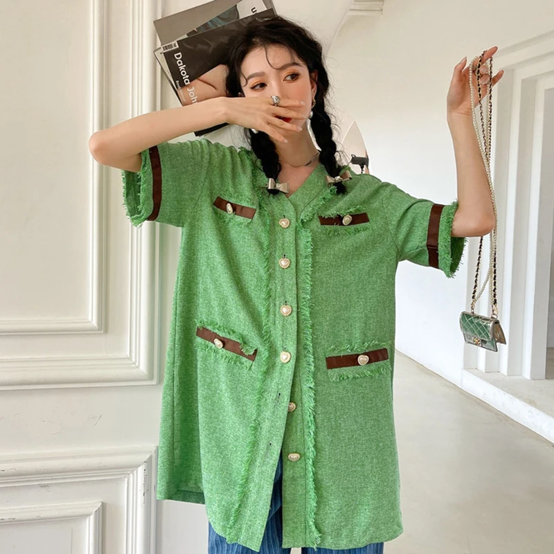 

LANMREM Casual Prom Female Clothing Green Tassel V-neck Medium Length Pearl Button Shirt Women's 2021 New Arrival 2K1110