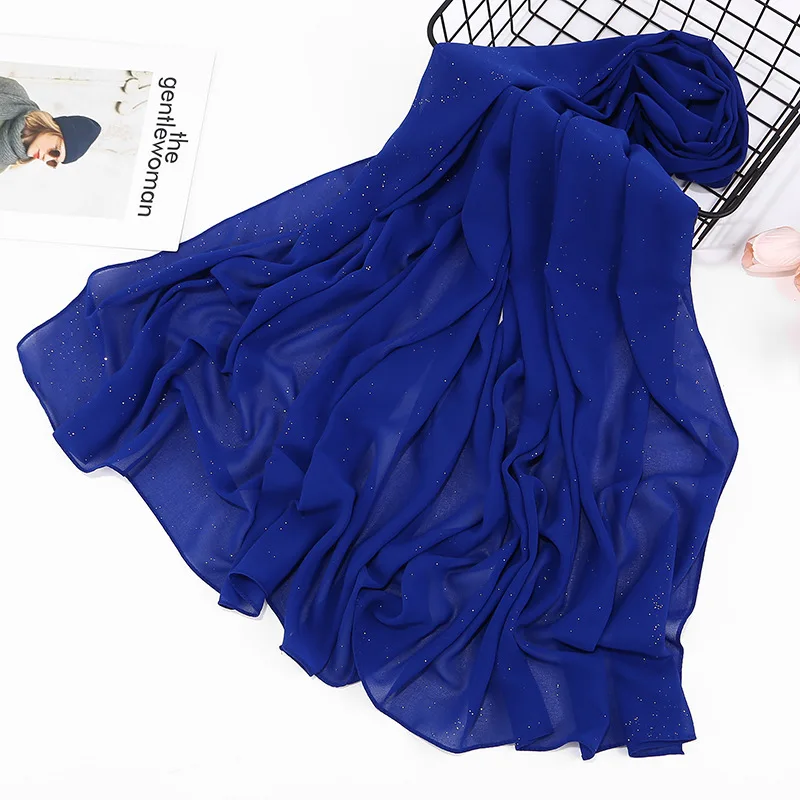 

2021 Solid Color Spring Summer Glitter Chiffon Scarf for Women Shimmer Shawl Muslim Head Hair Hijab Scarves Bufanda Mujer