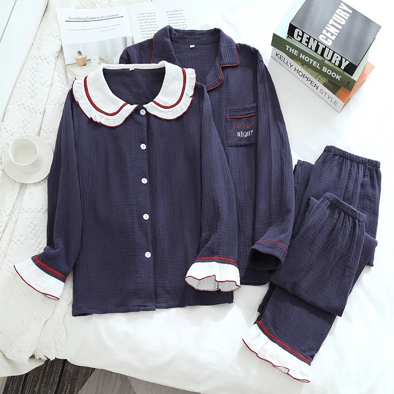 

Couple‘s Pajamas Set 100% Cotton Gauze Solid Navy Ruffle Turn-down Collar Simple Trousers Men Women 2 Piece Sleepwear Homewear