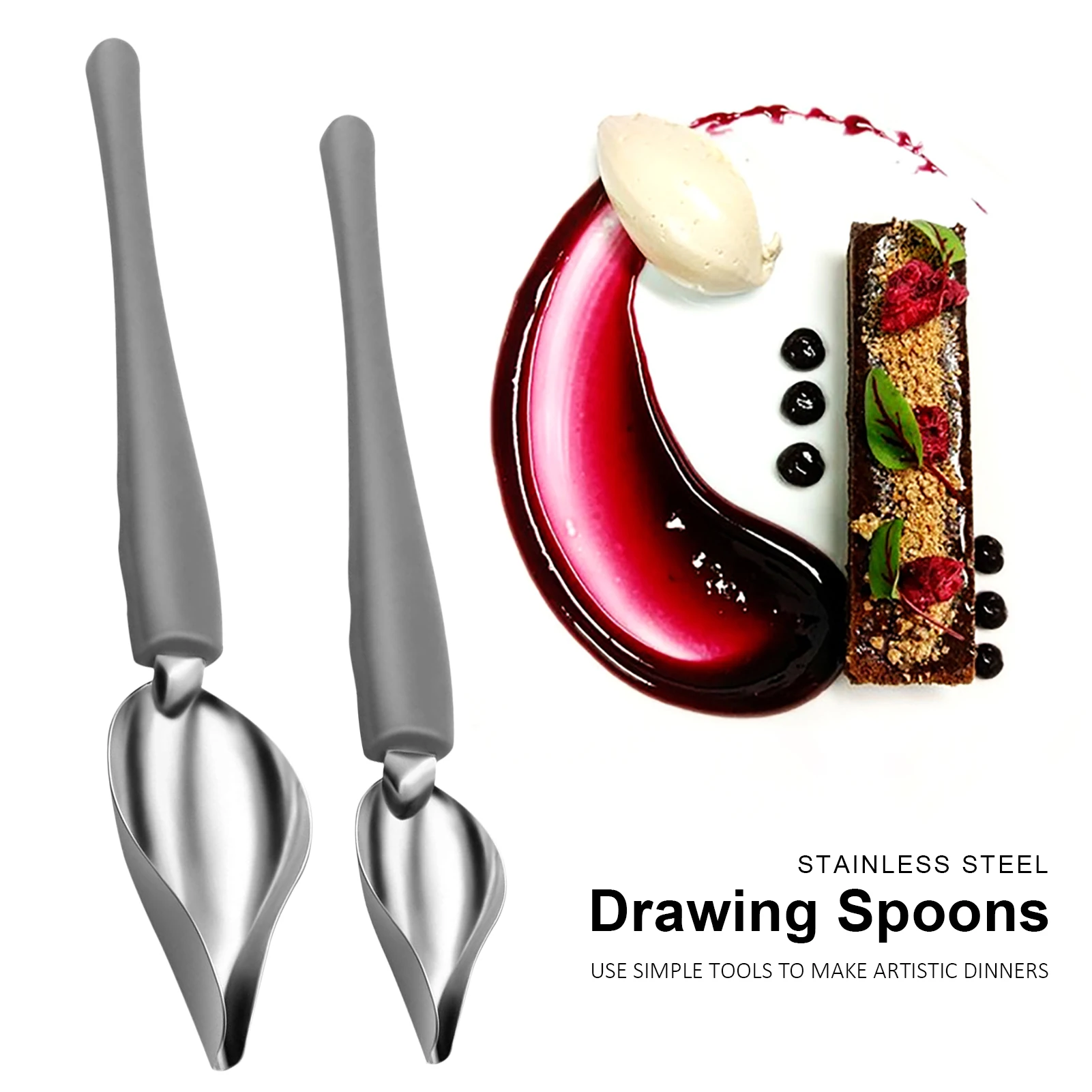 

2PCS Dish Drawing Spoons Stainless Steel Multi-use Pencil Decorative Saucier Spoons For Cake Dessert Restaurant Kitchen Gadgets
