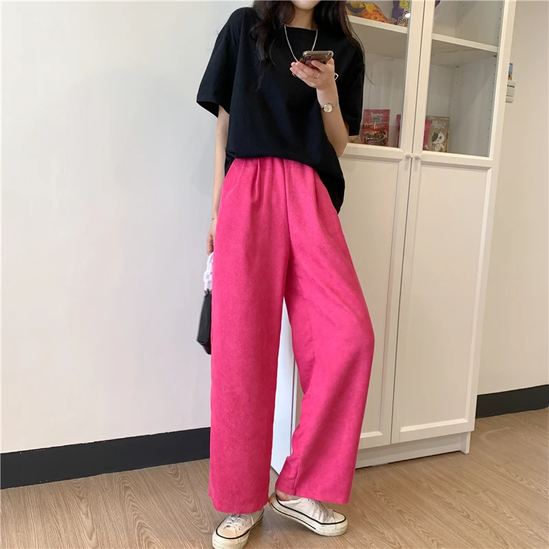 

Plus size 5XL Korean Corduroy Pants Women Summer Straight High Waist Trousers Women Fashion Streetwear Wide Leg Pants Pink Pants
