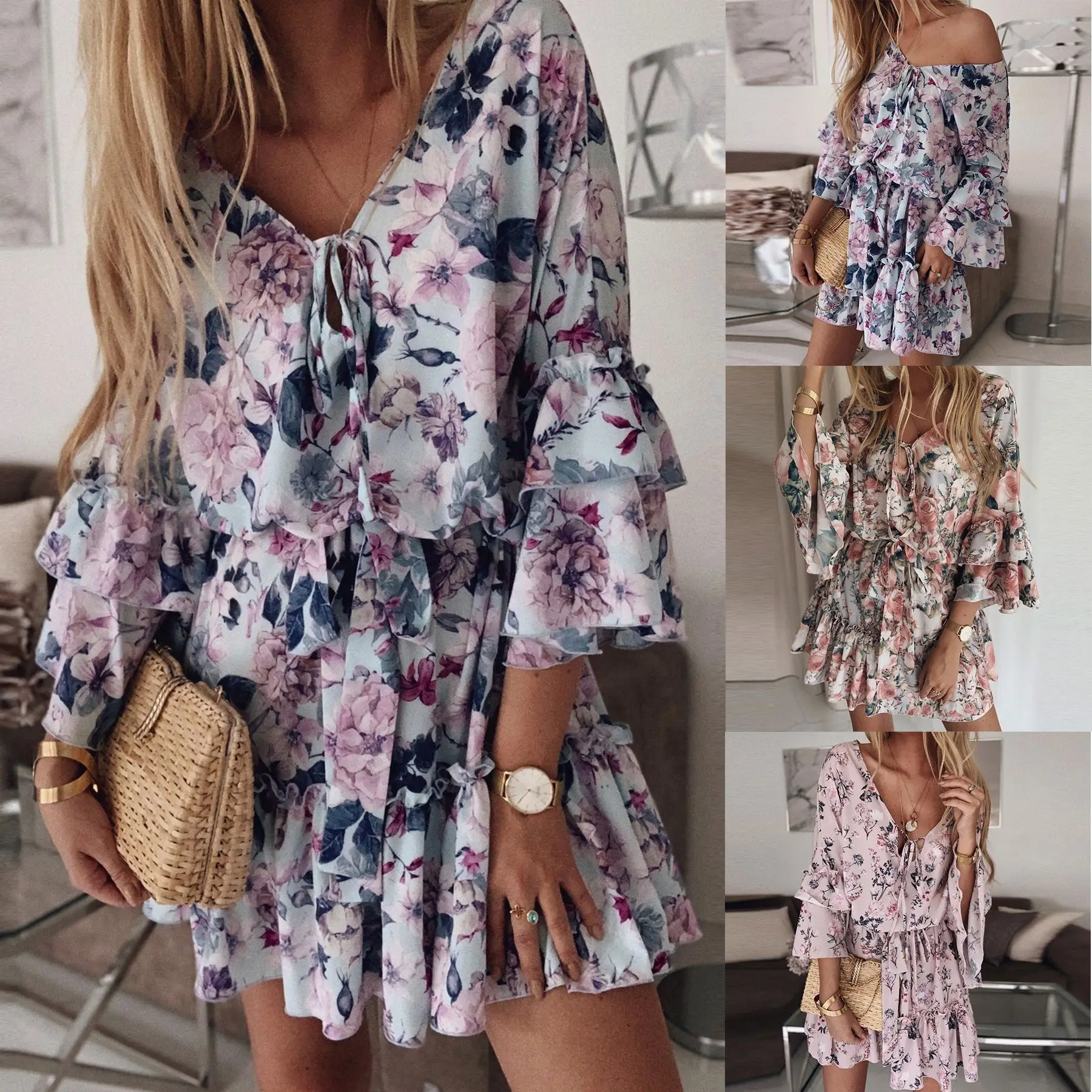 

Summer woman casual long sleeve dress sundress traf clothing ladies floral clothes elegant vintage girls zevity basic printing
