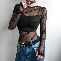 sexy women mesh see through t shirts letter printed o neck transparent long sleeve t shirt womens tops tee