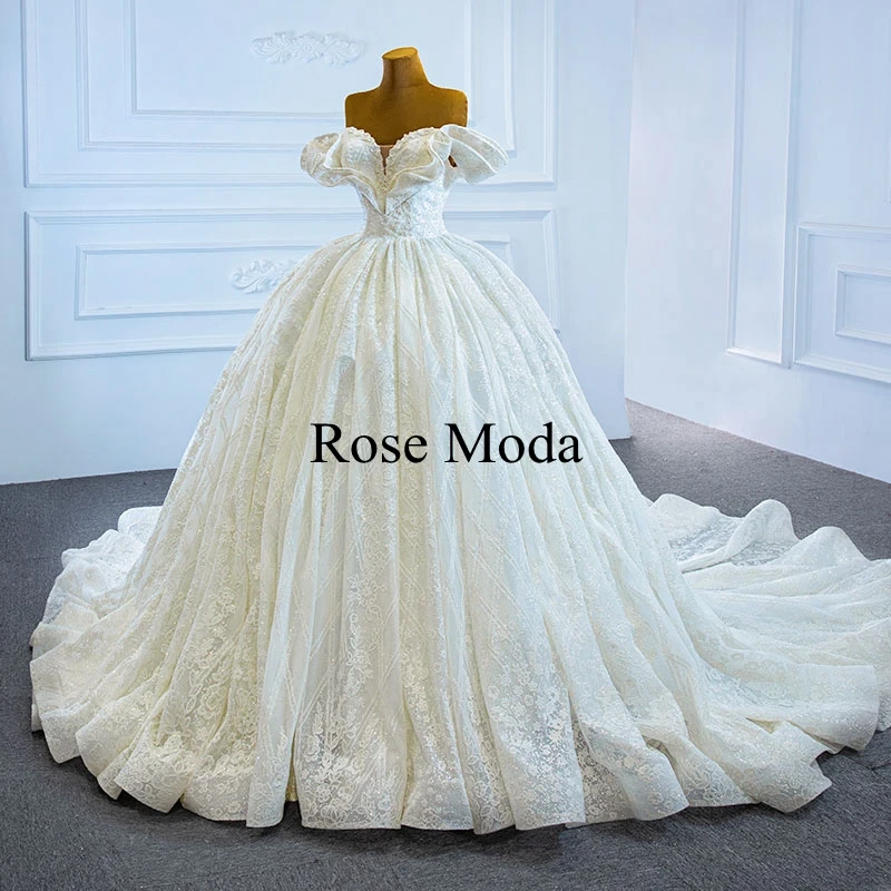 Rose Moda Luxury Off Shoulder Glittering Lace Wedding Dress with Long Train Princess Ball Gown Custom Make
