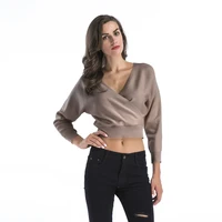 autumn and winter solid color short long sleeved deep v neck tight fitting ladies sweater knit sweater women