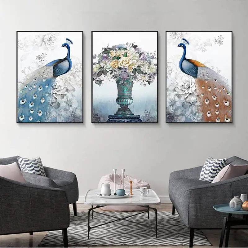 Модульная картина с рисунком розового пера HD каркас 3 панели павлин