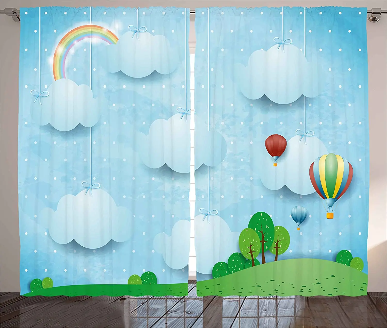 

Kids Blackout Curtains Boys Girls Nursery Room Decor with Balloons Clouds Stars on The Hillls Cartoon Window Curtain