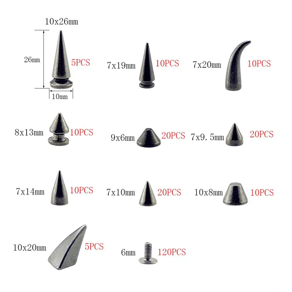 Смешанные Шипы и заклепки для одежды 120 шт. черно-металлические шипы