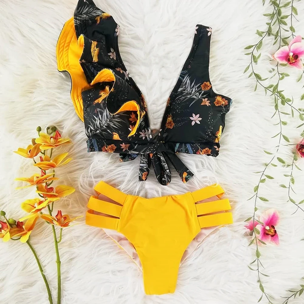 

Two-Pieces Women Floral 2020 Push-Up Padded Bra Ruffles Bandage Bikini Set Swimsuit Swimwear Bathing Suit Beachwear Biquini
