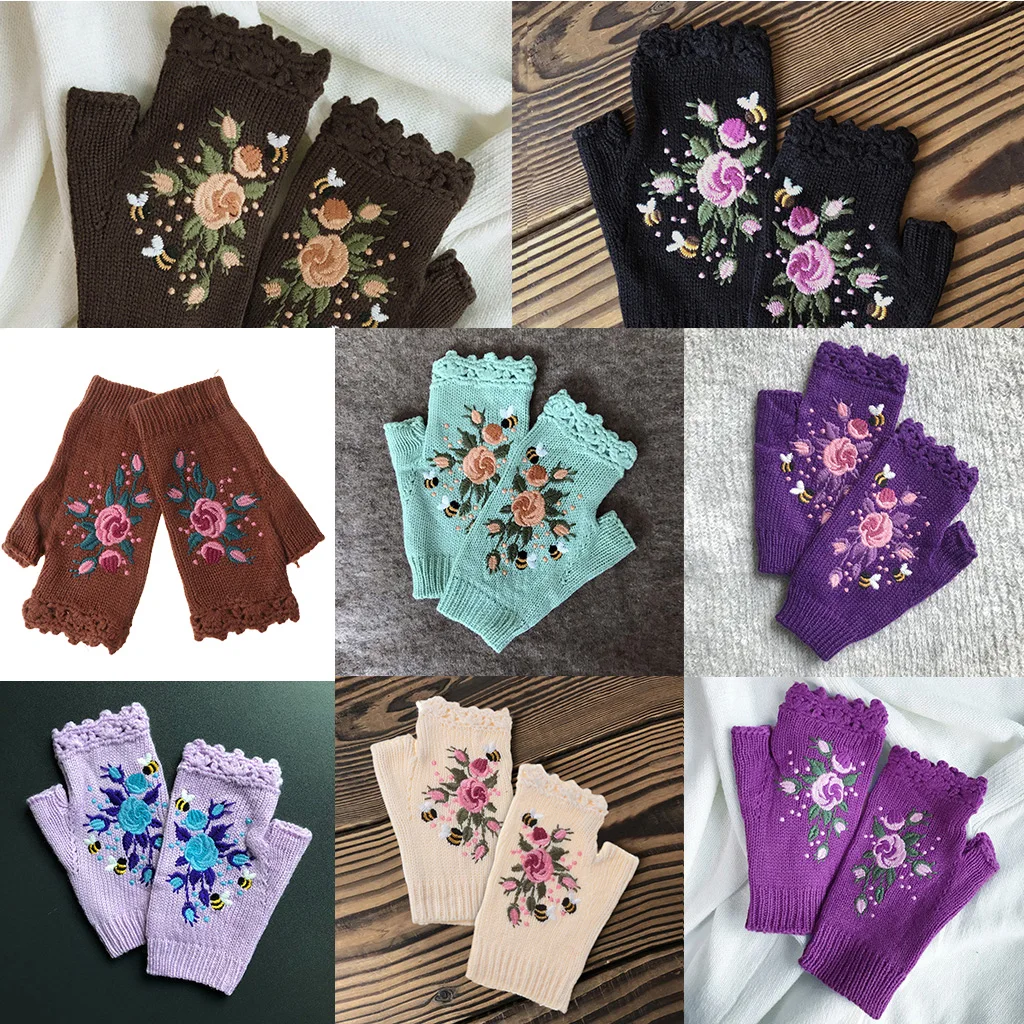 

Women Winter Knitted Fingerless Gloves Floral Bee Embroidery Thumbhole Mittens