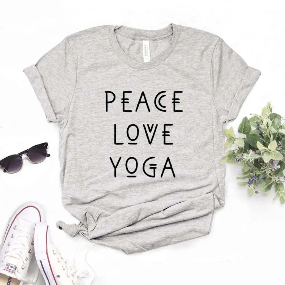Peace love yoga печати для женщин футболки хлопок повседневное забавная Футболка леди