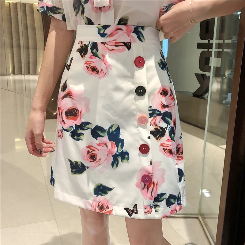

High Quality Office Women rose print Shirt High waist Skirts Suits Bowknot Tops Vintage Floral Skirt Sets Elegant Two Piece Set