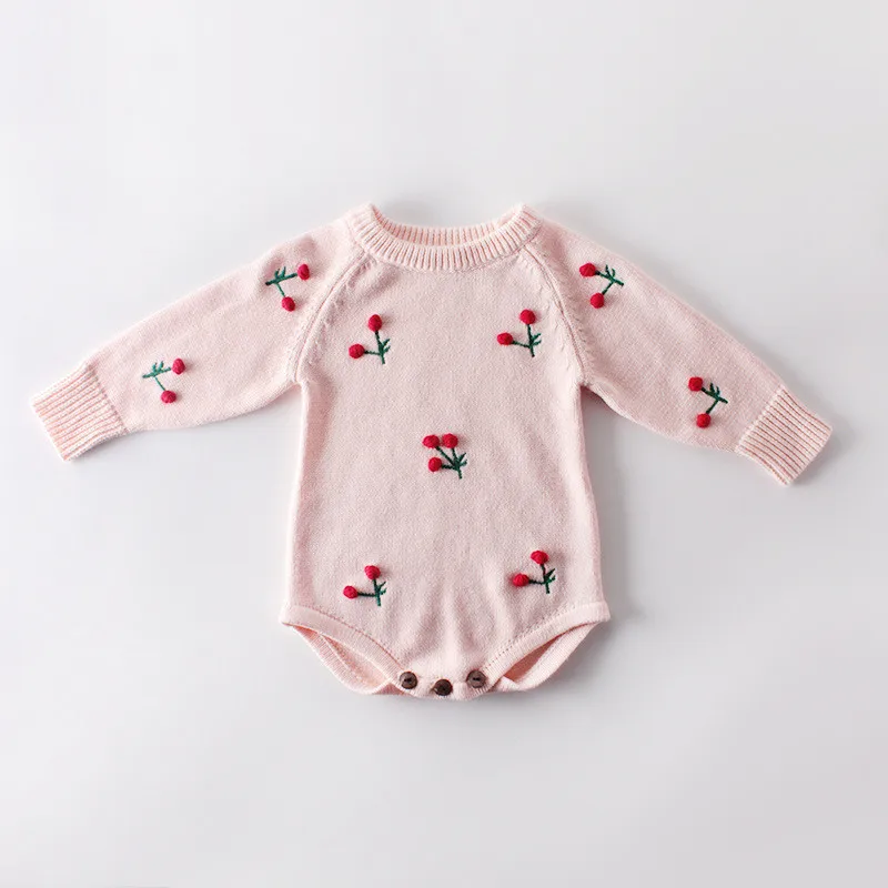 Baby Girls Knit Romper Autumn Long Sleeve 3D Cherry Soft Wool Jumpsuit Newborn Rompers Cotton Infant Toddler Clothes Costume | Детская