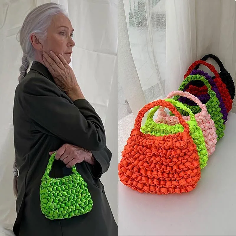 

2021 Women Summer Fashion Knitting Small Woven Crochet Bag Silk Weaving Satin Ribbon Green Purple Orange ClutchesMini Handbags