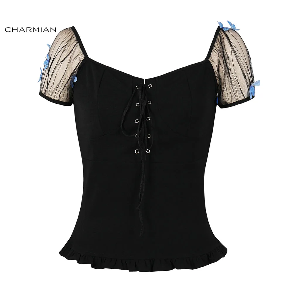 

Charmian Gothic Black Sexy Square Neckline 3D Butterfly Lacing See-through Puff Sleeve Shirt Trendy Summer Fitting Blouse Top