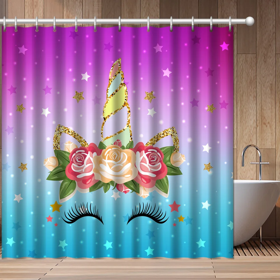 

Cartoon Cute Unicorn Shower Curtains Waterproof Mildew Proof Polyester With Hooks Punch-Free Printing Bathroom Curtain For Kids