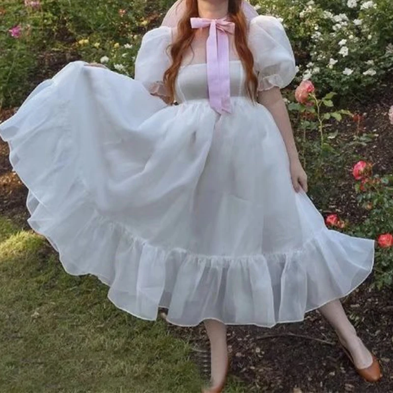 

Elegant Women White Princess Dress Sexy Square Neck Puff Sleeve Organza Party Dresses Ladies Chic Vestido 2022
