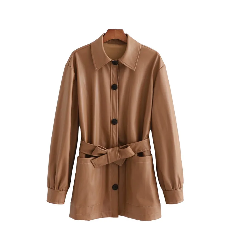 

Nice Vintage Woman Brown Loose PU Sashes Shirt Jacket Autumn Winter Fashion Ladies Thick Outerwear Female Casual Oversized Coats