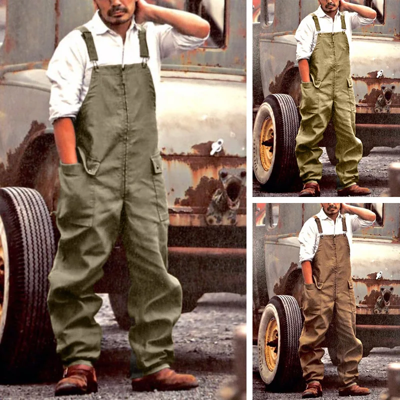 

European and American Retro Men's Overalls 2021 Summer New Solid Color Work Pants Loose Large Size Casual Suspender Trousers